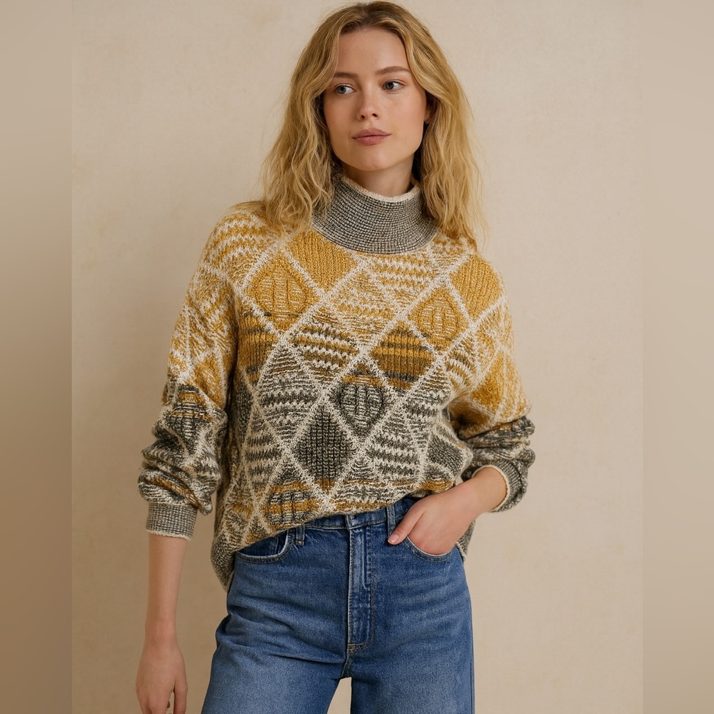 Hem & Thread Yellow and Gray Diamond-Patterned Turtleneck Sweater